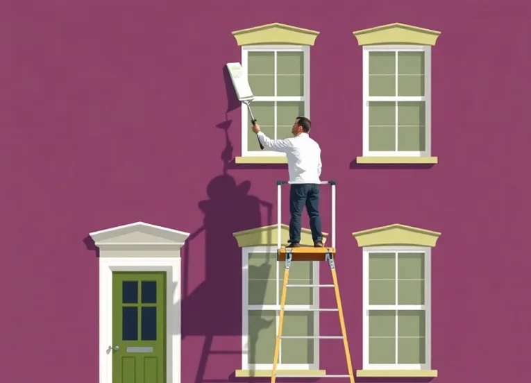 Peintre sur échafaudage traitant la façade d'une maison